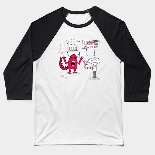 Love Saves the Day Baseball T-Shirt by Andy McNally